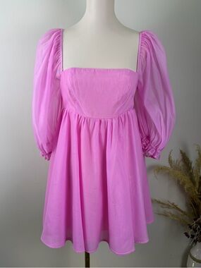 FORE Pink Puff Sleeve Mini Dress Women’s Size Medium Square Neck Cottagecore